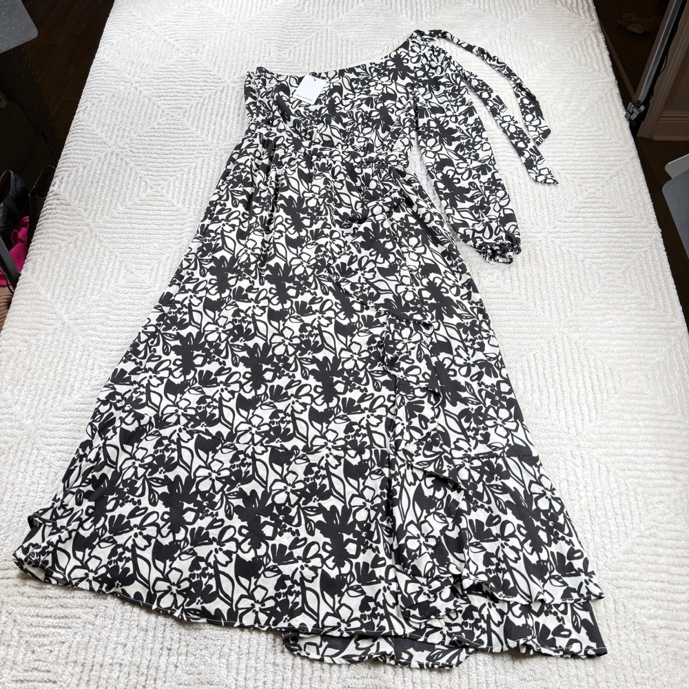 Sugarlips One Shoulder Maxi Dress Womens Medium Black White Floral Ruffle NWT